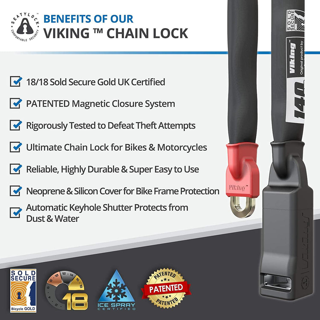 Seatylock Viking Bike Chain Lock - Patented Ultra Heavy Duty Anti Theft Gold Secure Lock for Bicycles and Motorcycles - Maximum Security Bike Protector Master Tool with Keys (55 Inch)