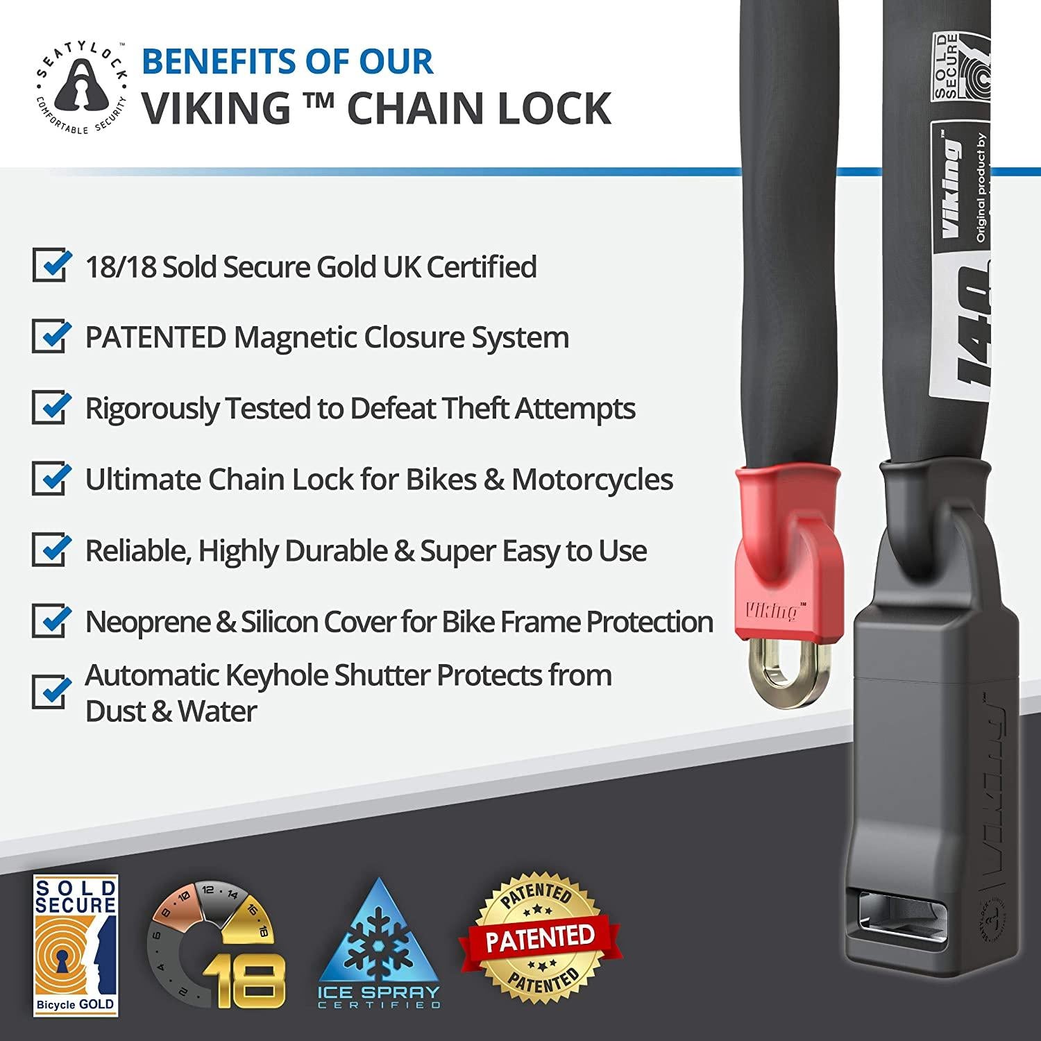 Seatylock Viking Bike Chain Lock - Patented Ultra Heavy Duty Anti Theft Gold Secure Lock for Bicycles and Motorcycles - Maximum Security Bike Protector Master Tool with Keys (55 Inch)