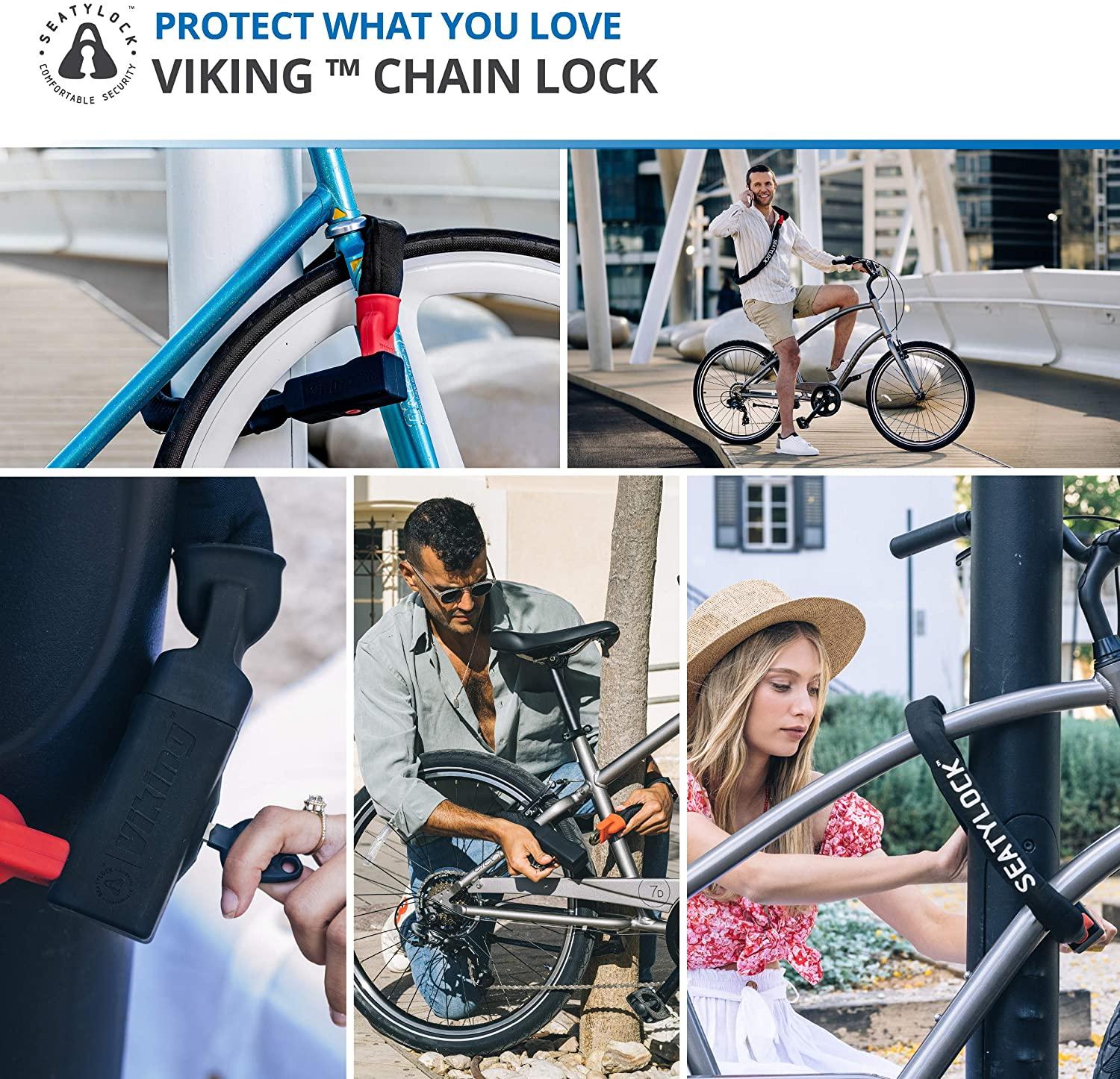 Seatylock Viking Bike Chain Lock - Patented Ultra Heavy Duty Anti Theft Gold Secure Lock for Bicycles and Motorcycles - Maximum Security Bike Protector Master Tool with Keys (55 Inch)