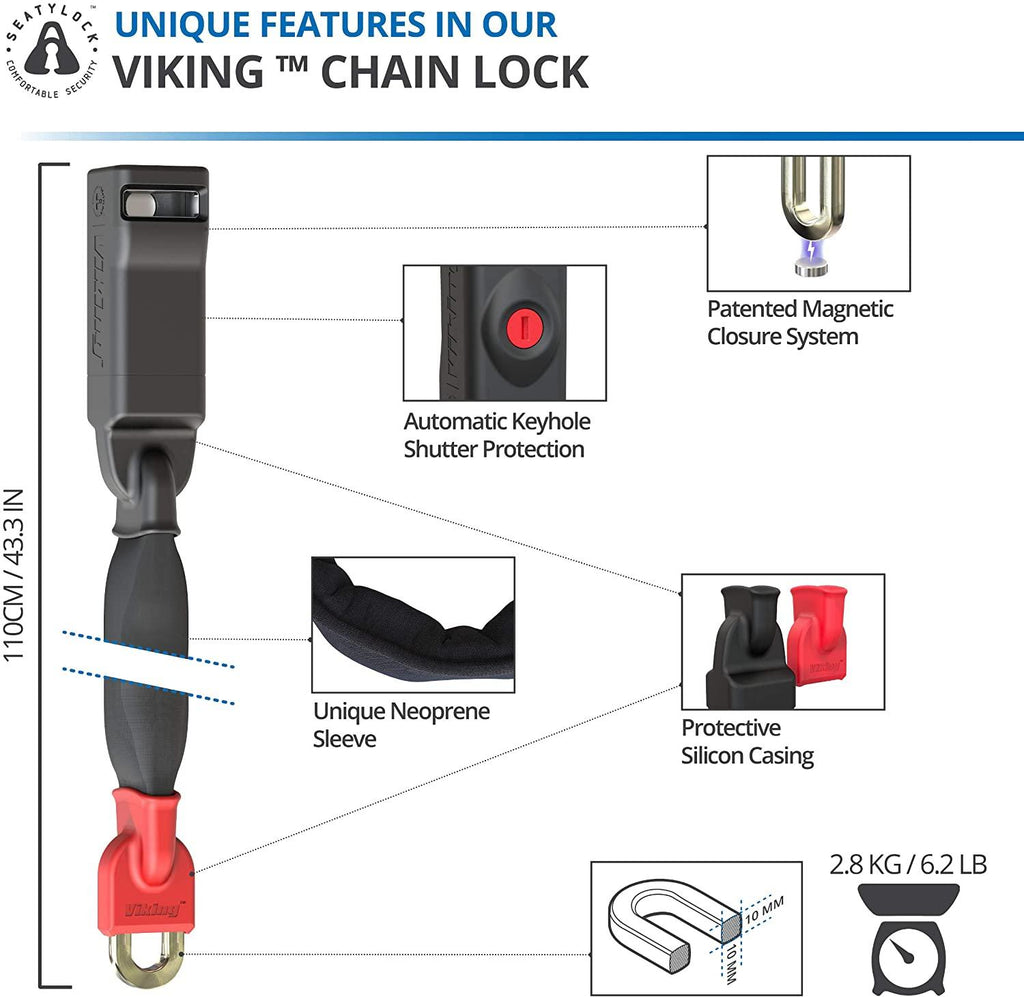 Seatylock Viking Bike Chain Lock - Patented Ultra Heavy Duty Anti Theft Gold Secure Lock for Bicycles and Motorcycles - Maximum Security Bike Protector Master Tool with Keys (55 Inch)