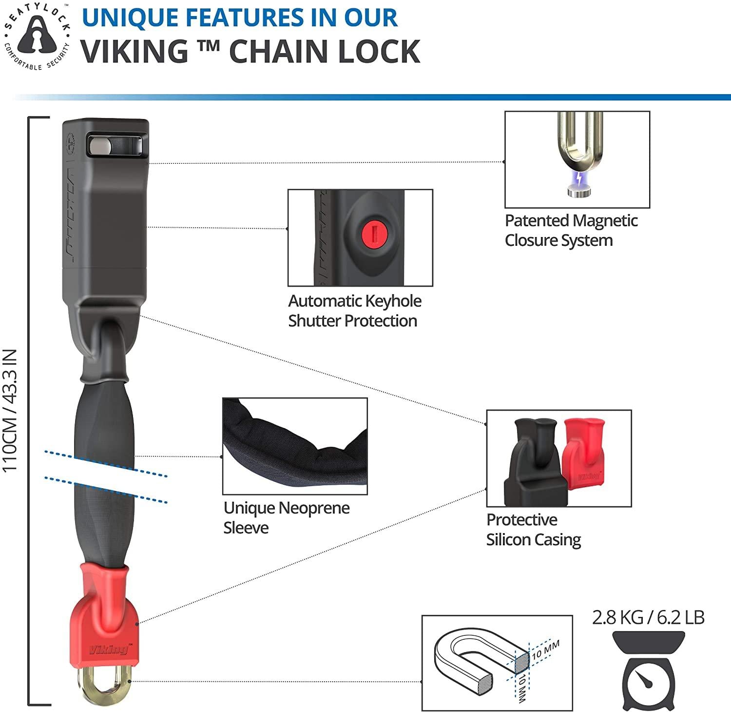 Seatylock Viking Bike Chain Lock - Patented Ultra Heavy Duty Anti Theft Gold Secure Lock for Bicycles and Motorcycles - Maximum Security Bike Protector Master Tool with Keys (55 Inch)