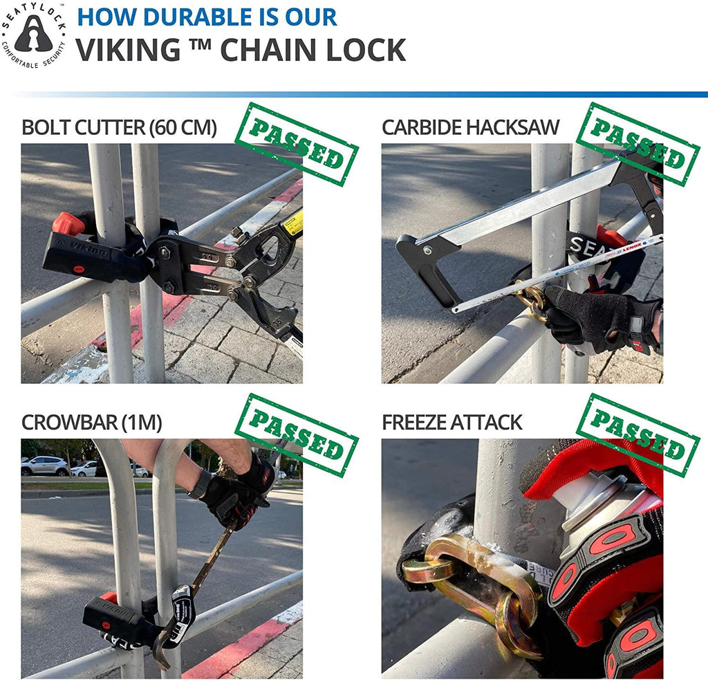 Seatylock Viking Bike Chain Lock - Patented Ultra Heavy Duty Anti Theft Gold Secure Lock for Bicycles and Motorcycles - Maximum Security Bike Protector Master Tool with Keys (55 Inch)