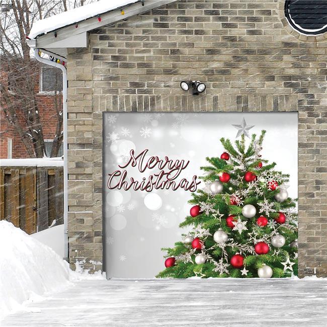 My Door Decor 285903XMAS-025 7 x 8 ft. Merry Christmas Tree Christmas Door Mural Sign Car Garage Banner Decor, Multi Color