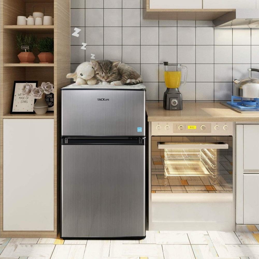 Mini Fridge with Freezer, 3.1 Cu.Ft Small Refrigerator, Compact Refrigerator with LED Light, 2 doors, Mini Fridge for Bedroom, Office, Dorm, RV, Garage, Stainless Steel Sliver -HPVFR310