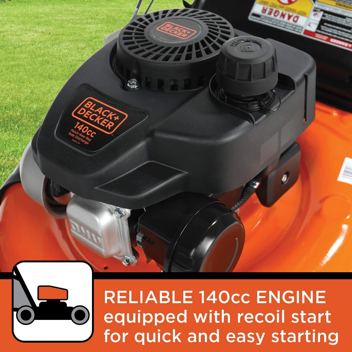 BLACK+DECKER 21 Inch 140cc 3-in-1 Gas Powered Walk Behind Push Mower - Side Discharge, Mulching, and Bagging Capabilities, Black and Orange