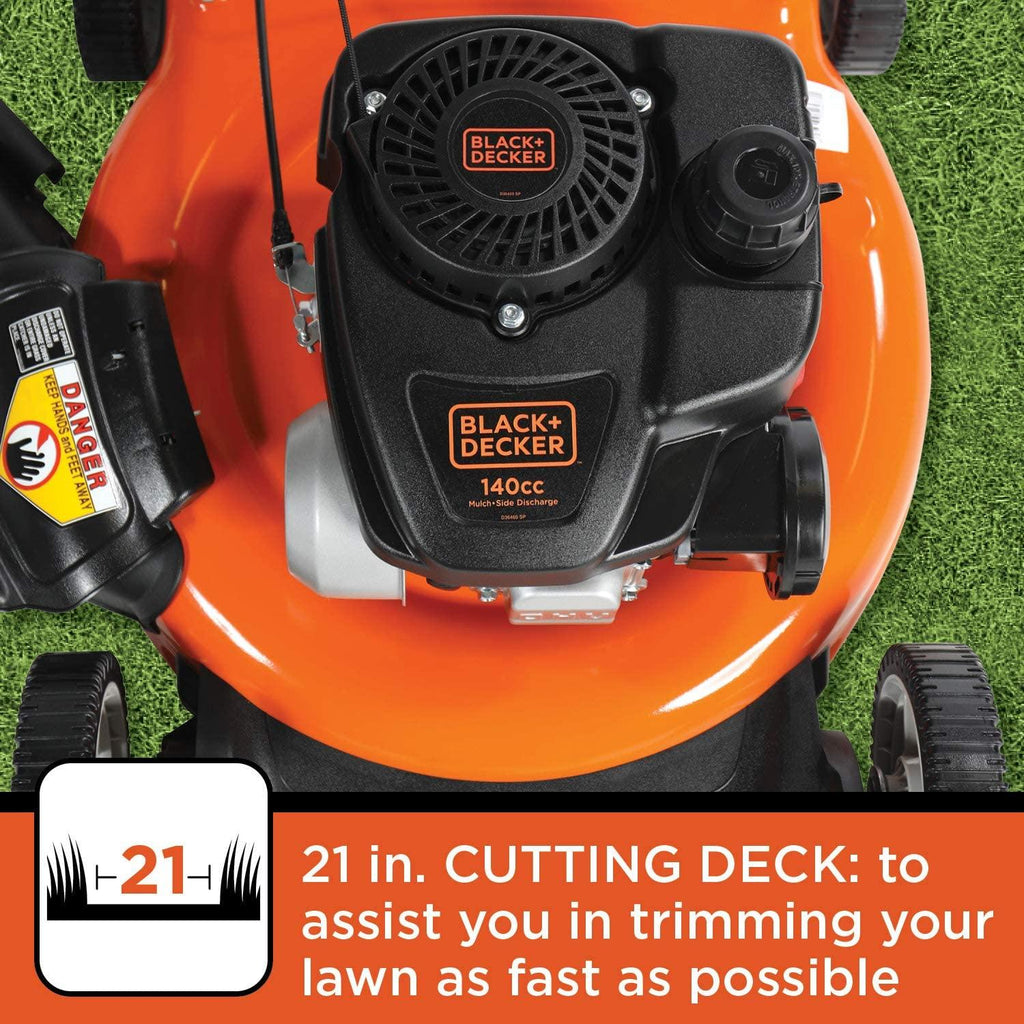BLACK+DECKER 21 Inch 140cc 3-in-1 Gas Powered Walk Behind Push Mower - Side Discharge, Mulching, and Bagging Capabilities, Black and Orange