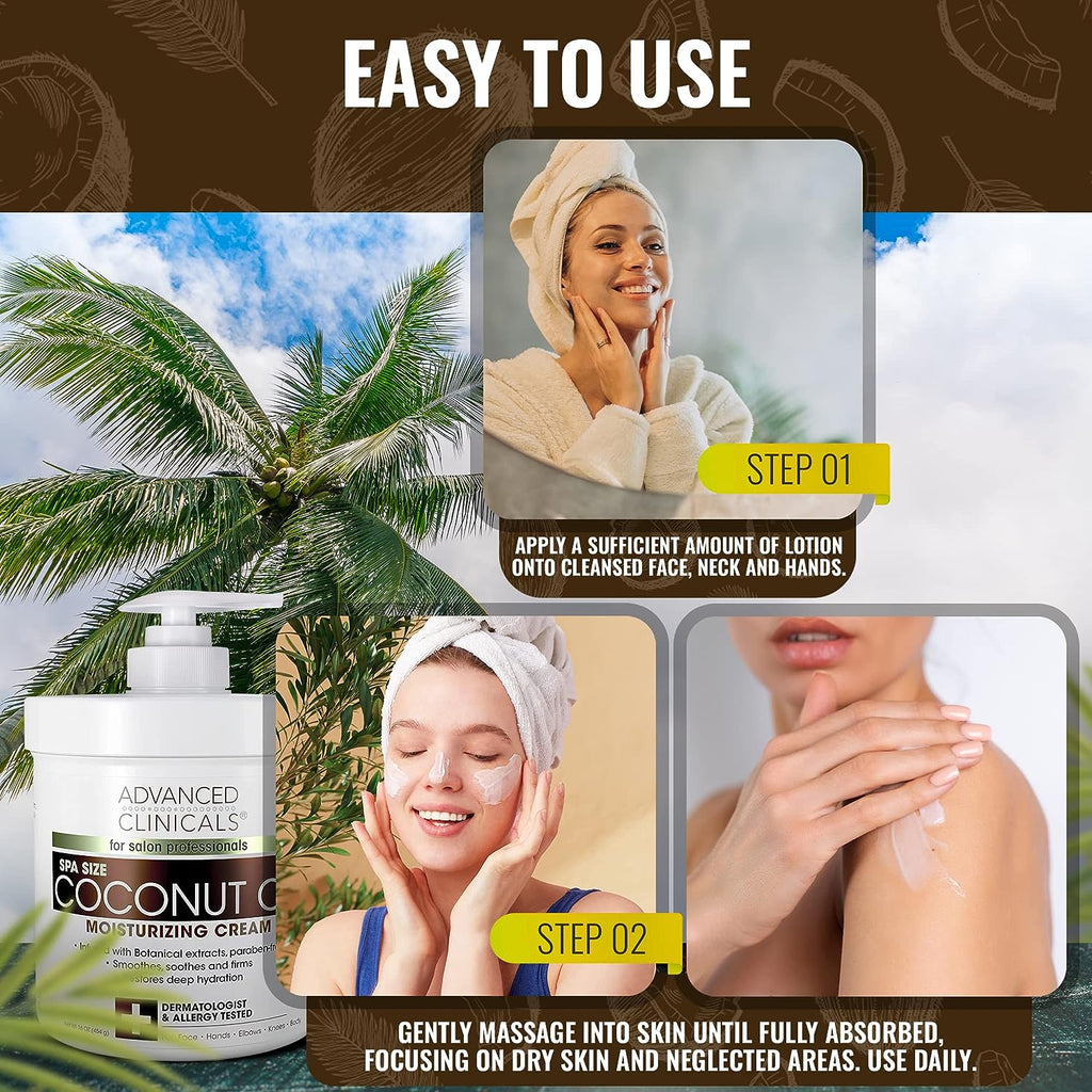 Advanced Clinicals Coconut Body Lotion Moisturizing Cream &amp; Face Lotion For Women &amp; Men | Coconut Lotion | Natural Coconut Oil Cream Skin Care Moisturizer Body Butter Balm For Dry Skin, 16Oz, 2-Pack