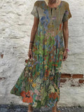Round Neck Casual Loose Floral Print Short Sleeve Maxi Dress