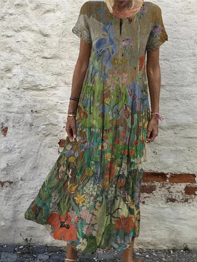 Round Neck Casual Loose Floral Print Short Sleeve Maxi Dress