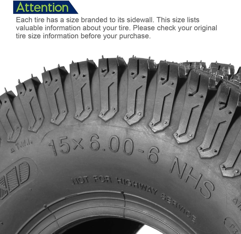 Set of 4 Lawn Mower Turf Tires 15x6-6 Front & 18x9.5-8 Rear Tractor Riding, 4PR, Tubeless