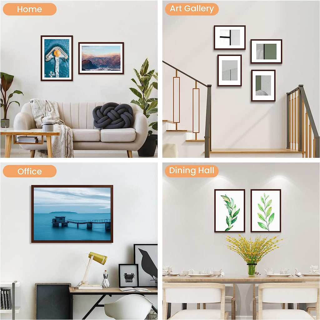 upsimples 11x17 Picture Frame Set of 5, Display Pictures 9x15 with Mat or 11x17 Without Mat, Wall Gallery Photo Frames, Brown
