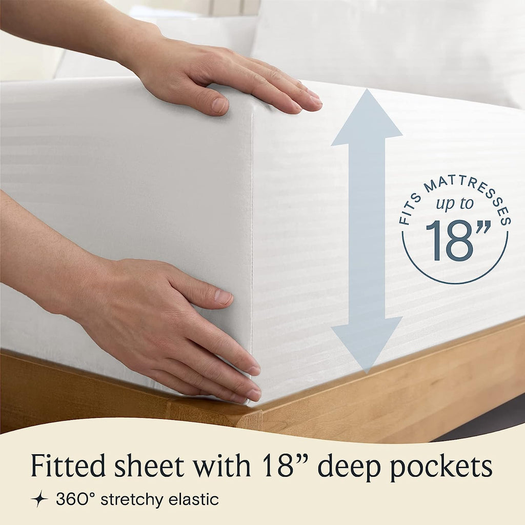 LuxClub Queen Size Striped Sheets Set, 6 PC Striped Bed Sheets, Deep Pockets 18" Eco Friendly Wrinkle Free Cooling Sheets Machine Washable Hotel Bedding Silky Soft (Queen, Striped White)