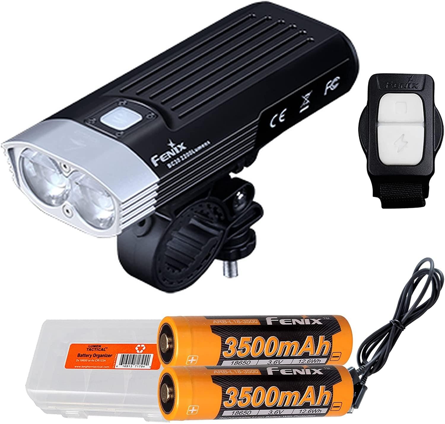 Fenix BC30 v2.0 Bicycle Light, 2200 Lumen Dual Beam with Wireless Remote Two 3500mAh Rechargeable Batteries, Dual Slot Charger, and LumenTac Battery Case