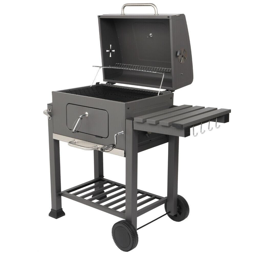 Portable Barbecue Grill Foldable Charcoal Oven Stove With Wheels & Bottom Shelf