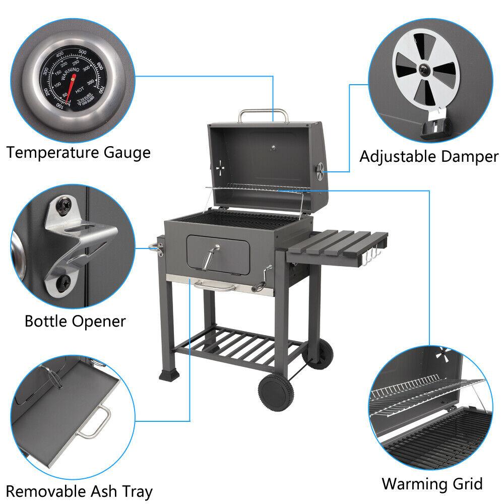 Portable Barbecue Grill Foldable Charcoal Oven Stove With Wheels & Bottom Shelf