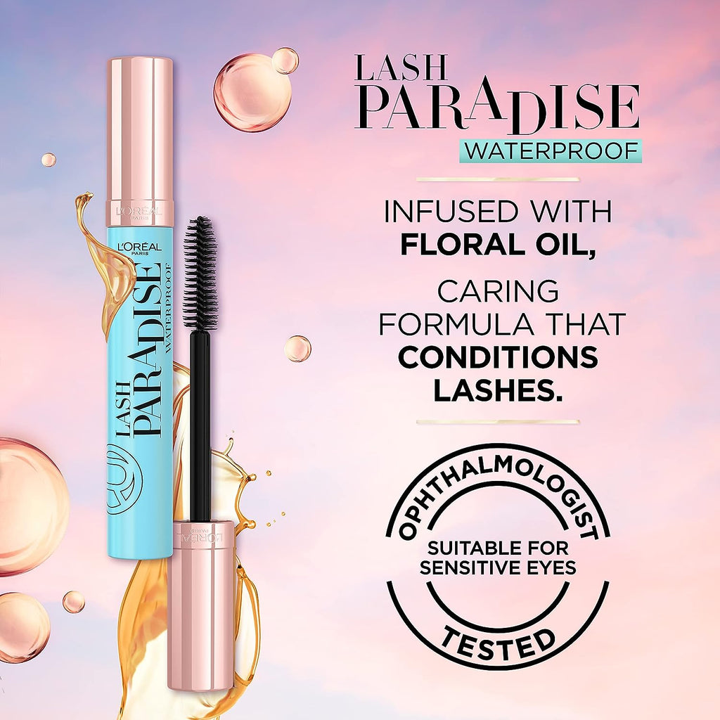 L'Oreal Paris Voluminous Makeup Lash Paradise Waterproof Mascara, Voluptuous Volume, Intense Length, Feathery Soft Full Lashes, No Smudging, No Clumping, Black, 0.25 Fl Oz (Pack of 2)