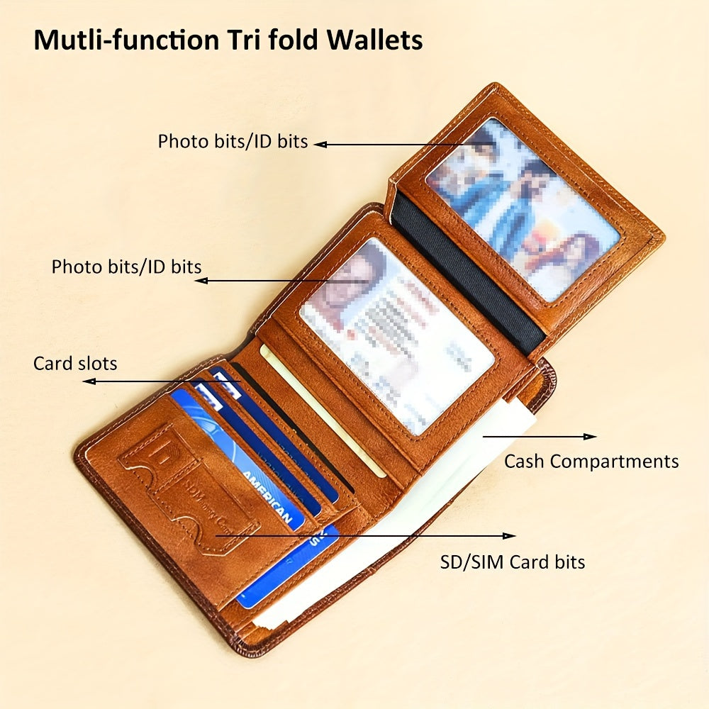 1pc Genuine Leather Rfid BlocWallets For Men, Retro Thin Short Multi-functional ID Credit Card Holder, Gifts To Men On Valentine's Day