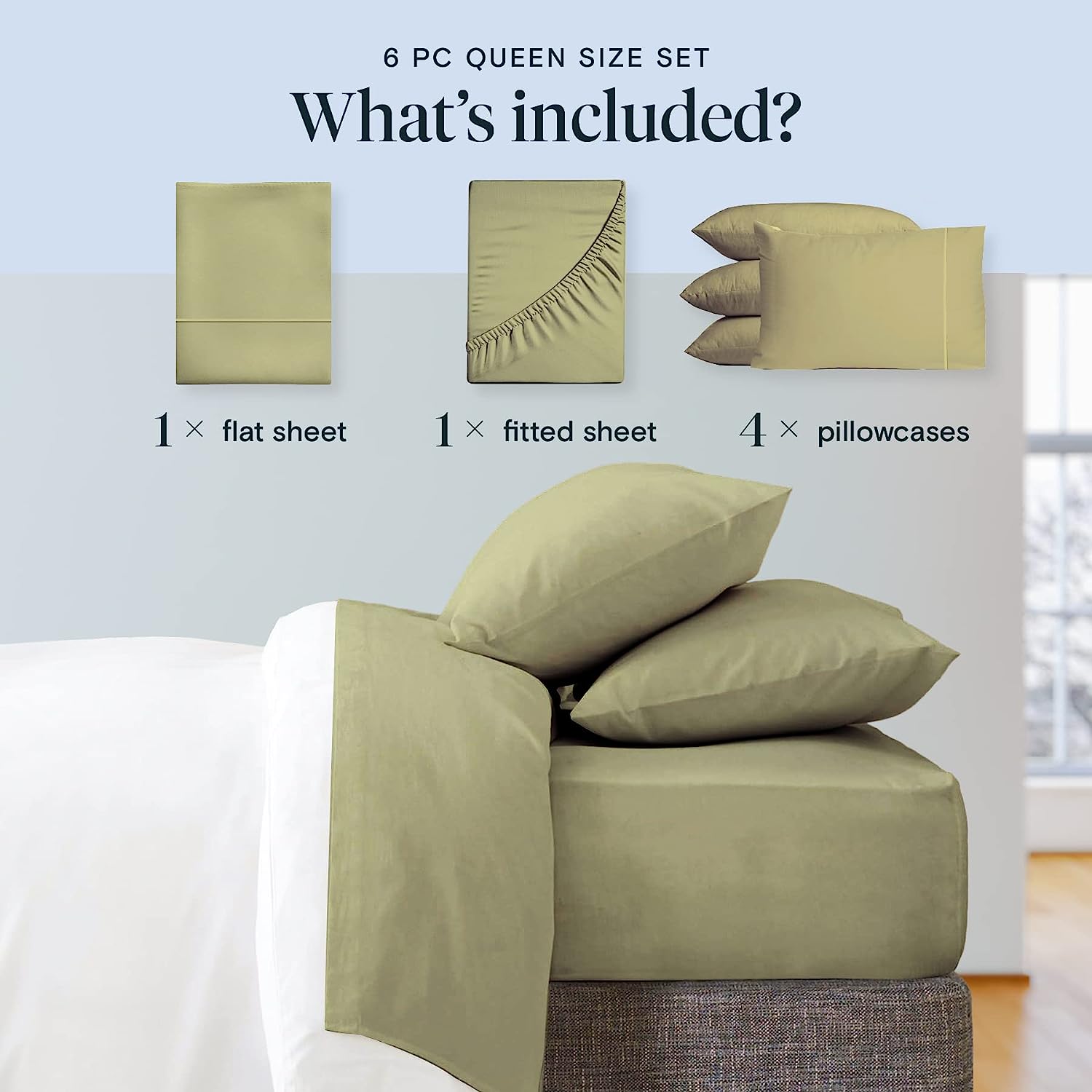 LuxClub 6 PC King Size Sheet Set Bamboo Sheets Deep Pockets 18" Eco Friendly Wrinkle Free Cooling Sheets Machine Washable Hotel Bedding Silky Soft - Olive King