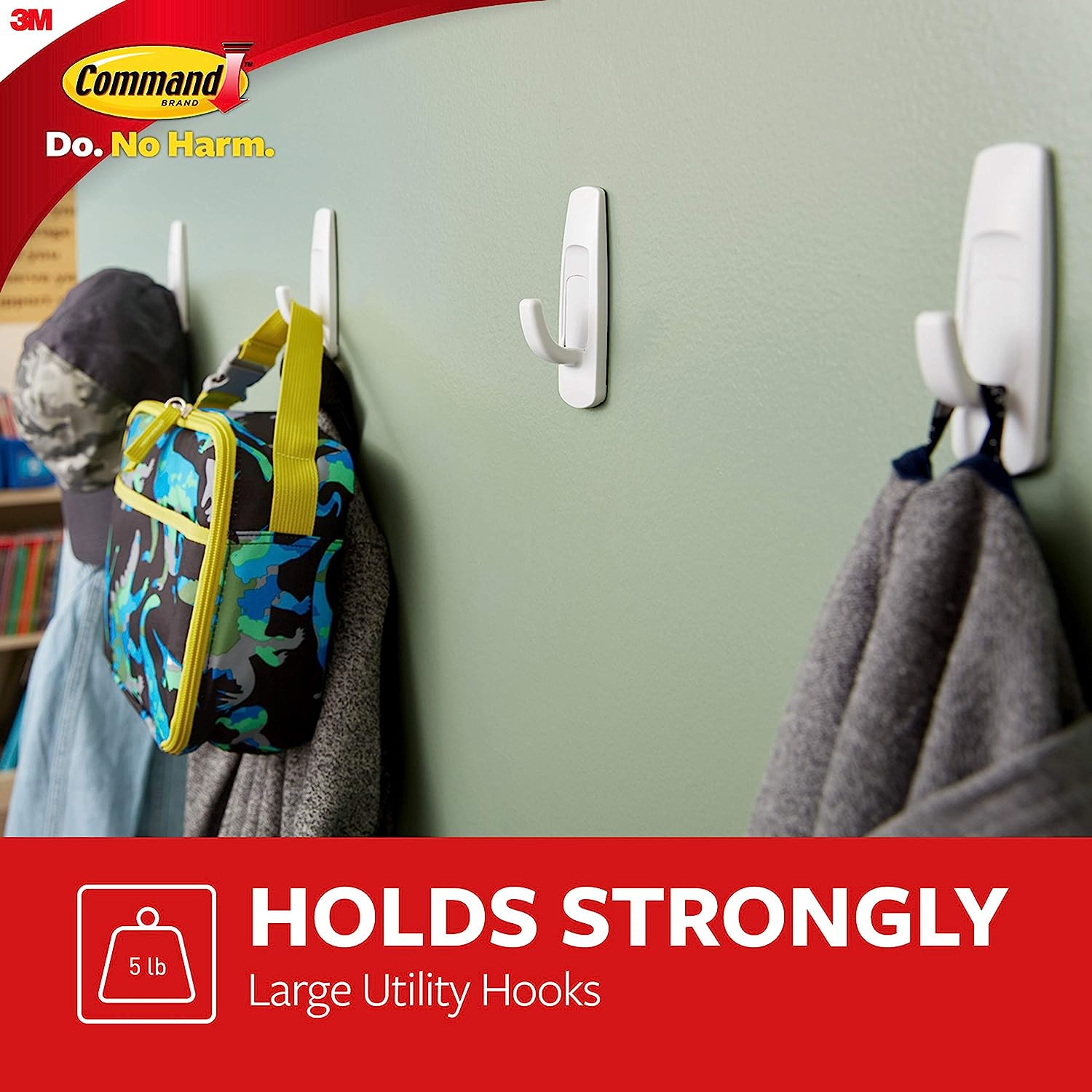 Command Large Utility Hooks, Damage Free Hanging Wall Hooks with Adhesive Strips, No Tools Wall Hooks for Hanging Decorations in Living Spaces, 14 White Hooks and 16 Command Strips