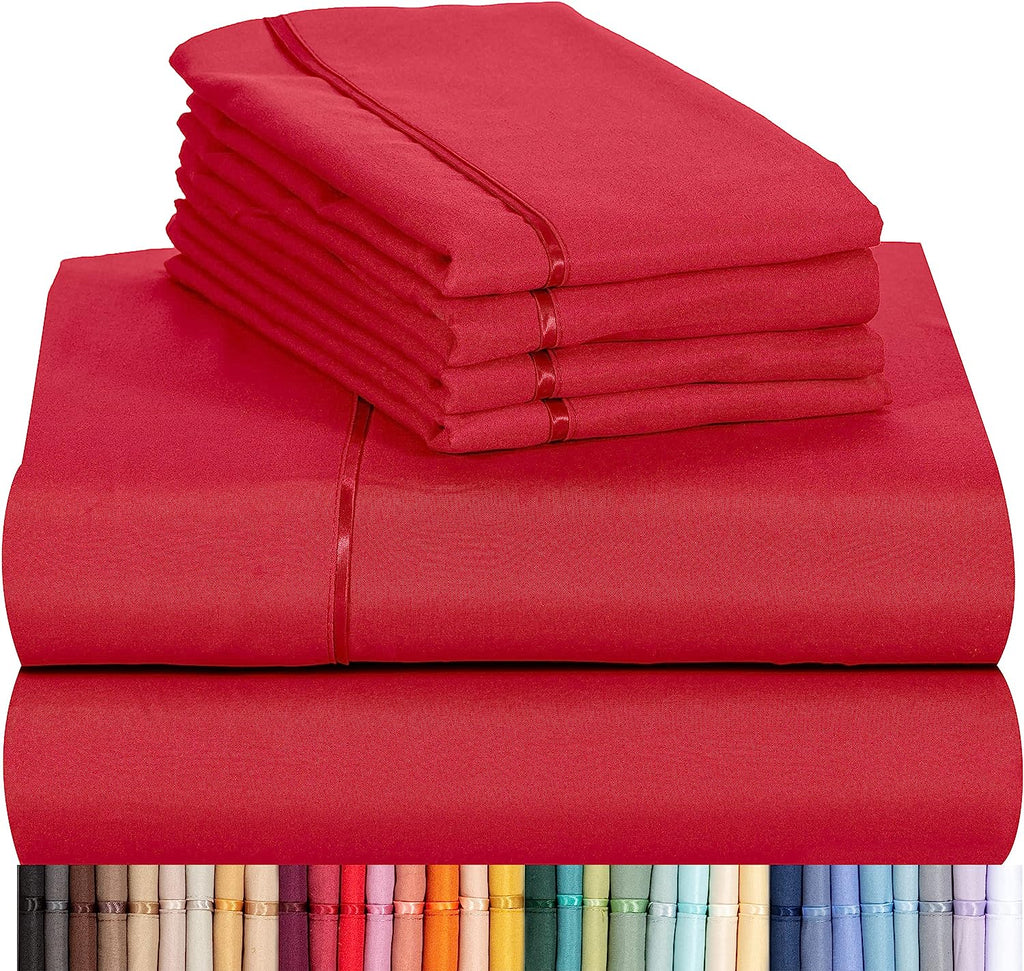 LuxClub Twin XL Sheets Set - Soft Twin Bed Sheets for Boys and Girls, 4 PC Deep Pockets 18" Eco Friendly Wrinkle Free Kids Fitted Sheets Machine Washable Hotel Bedding Silky Soft - Red Twin XL