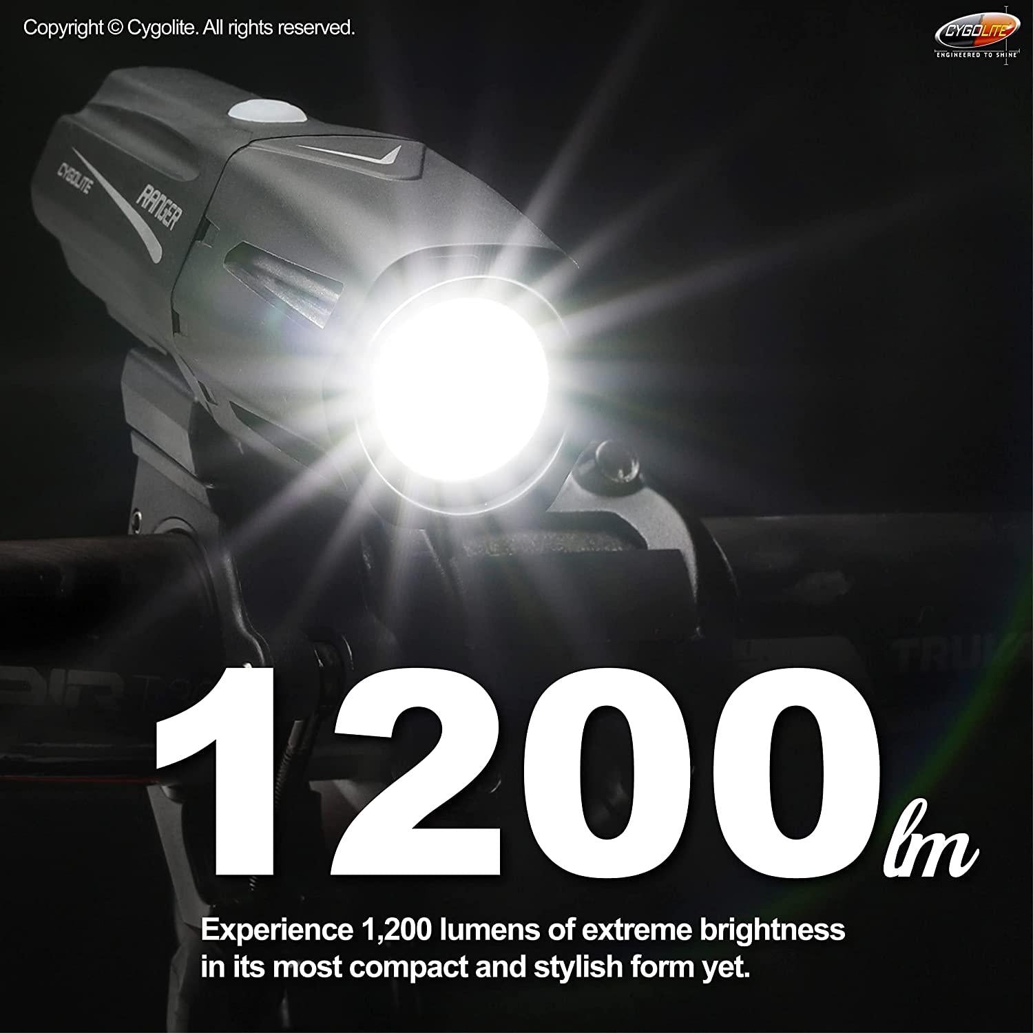Cygolite Ranger – 1,200 Lumen Bike Light – 5 Night & 3 Daytime Modes – Compact & Durable – IP67 Waterproof – Secured Hard Mount – USB Rechargeable Headlight – For Road, Mountain, Commuter Bicycles