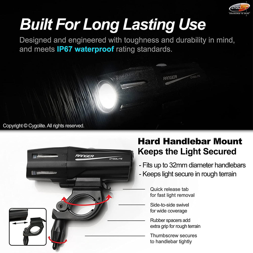 Cygolite Ranger – 1,200 Lumen Bike Light – 5 Night & 3 Daytime Modes – Compact & Durable – IP67 Waterproof – Secured Hard Mount – USB Rechargeable Headlight – For Road, Mountain, Commuter Bicycles