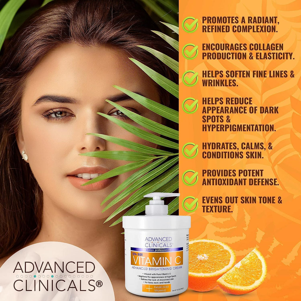 Advanced Clinicals Vitamin C Cream Face Lotion &amp; Body Lotion Moisturizer | Anti Aging Skin Care Firming &amp; Brightening Cream For Body, Face, Uneven Skin Tone, Wrinkles, &amp; Sun Damaged Dry Skin, 16 Oz