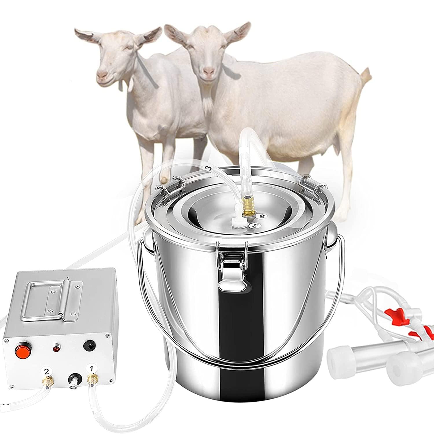 SEAAN Goat MilMachine Goat Milker Electric MilMachine with 2 Teat Cups Pulsation Vacuum Pump  Steel Bucket 7L for Goat