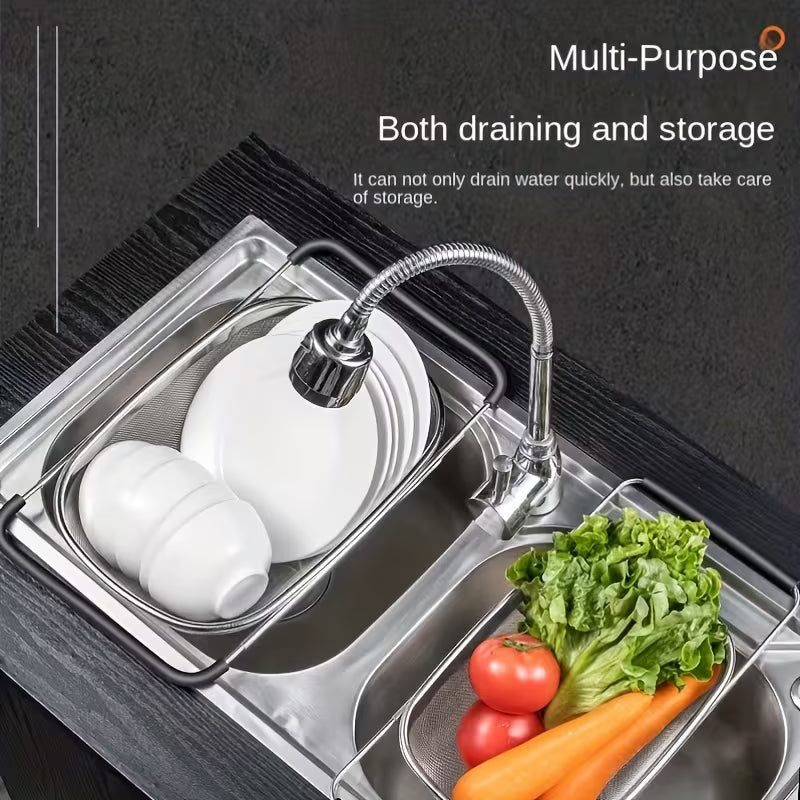 1pc, Sink Colander, Vegetable Sink Washing Basket, Fruit Drain Basket Rack, Stainless Steel Drain Basket, Strainer Basket, Adjustable Sink Rack, Multifunctional Colander, Kitchen Stuff, Kitchen Gadgets, Kitchen Accessories