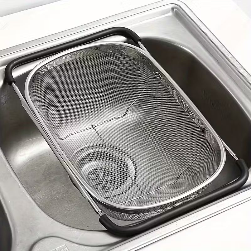 1pc, Sink Colander, Vegetable Sink Washing Basket, Fruit Drain Basket Rack, Stainless Steel Drain Basket, Strainer Basket, Adjustable Sink Rack, Multifunctional Colander, Kitchen Stuff, Kitchen Gadgets, Kitchen Accessories