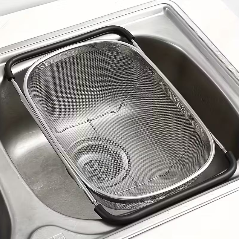 1pc, Sink Colander, Vegetable Sink Washing Basket, Fruit Drain Basket Rack, Stainless Steel Drain Basket, Strainer Basket, Adjustable Sink Rack, Multifunctional Colander, Kitchen Stuff, Kitchen Gadgets, Kitchen Accessories