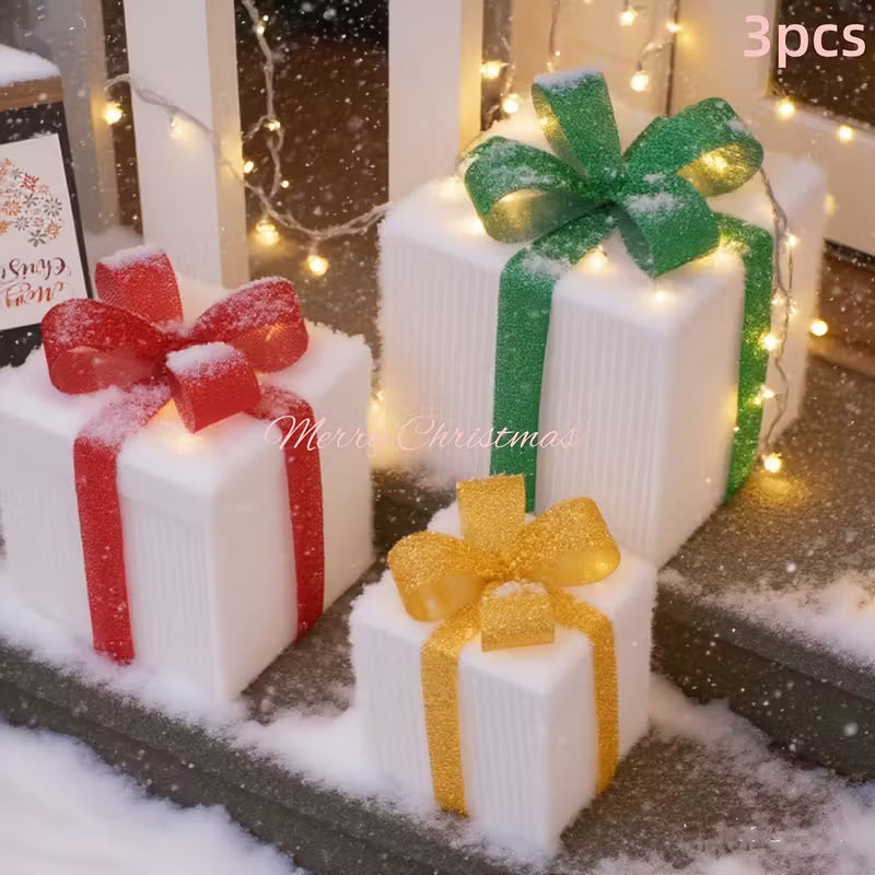 3pcs Lighted Christmas Gift Box Set with Warm LED Lights & Snowy Ribbon Bows - Battery-Powered Indoor/Outdoor Plastic Decorations with Stake Installation, Classic Winter Design for Xmas Tree, Yard, Home - Cordless Holiday Decor (Batteries Not Includ
