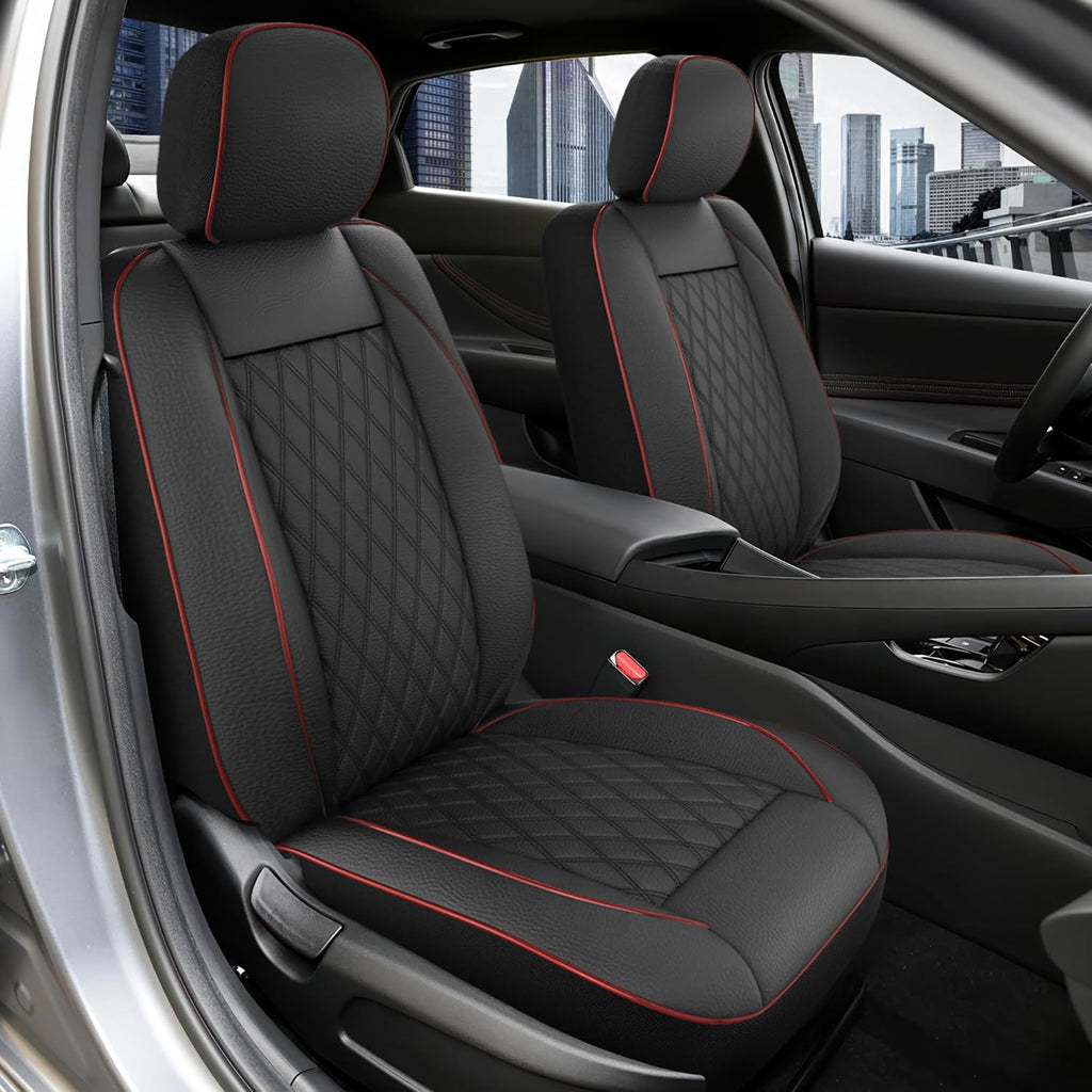 GIANT PANDA Front Car Seat Cover for Ford F150, Piping Leather Bucket Seat Covers Custom Fit Ford F250 F350 (Red+Black) 2-Pack, Faux Leather + Stretch Fabric