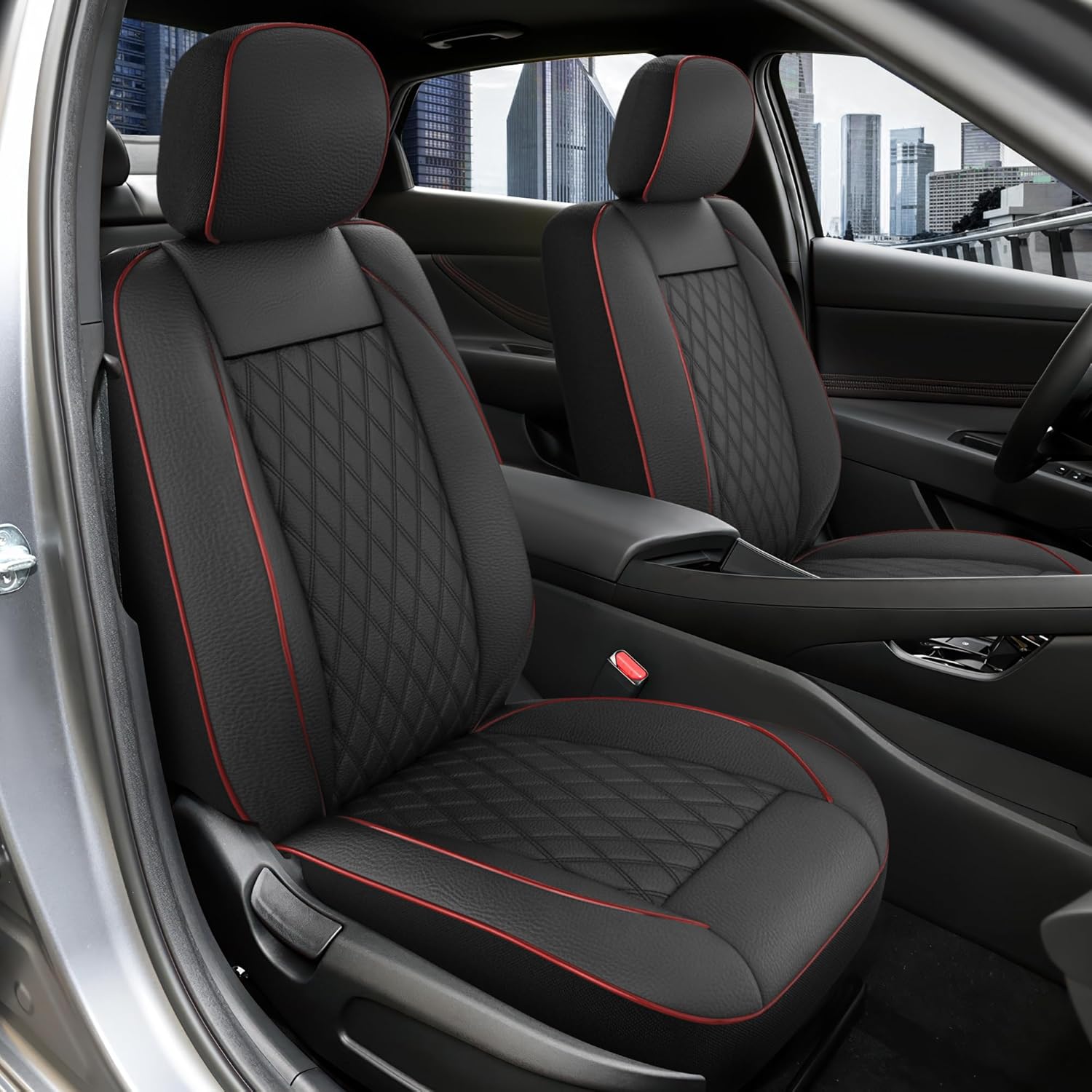 GIANT PANDA Front Car Seat Cover for Ford F150, Piping Leather Bucket Seat Covers Custom Fit Ford F250 F350 (Red+Black) 2-Pack, Faux Leather + Stretch Fabric