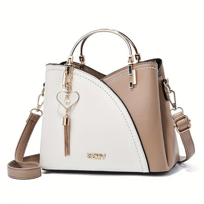 Color Block Satchel Bag, Trendy Tassel Decor Crossbody Bag, Women's Top Ring Purse (9.1*7.5*4.5) Inch