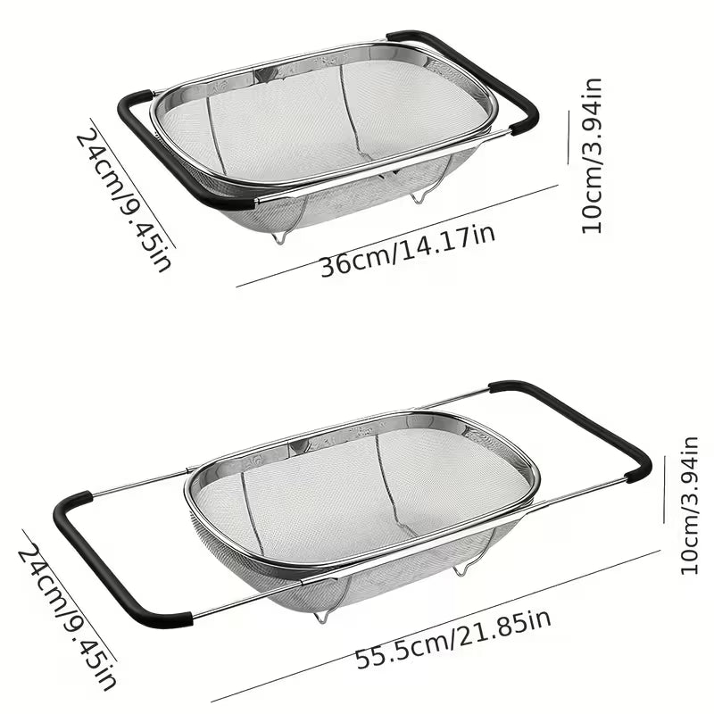 1pc, Sink Colander, Vegetable Sink Washing Basket, Fruit Drain Basket Rack, Stainless Steel Drain Basket, Strainer Basket, Adjustable Sink Rack, Multifunctional Colander, Kitchen Stuff, Kitchen Gadgets, Kitchen Accessories