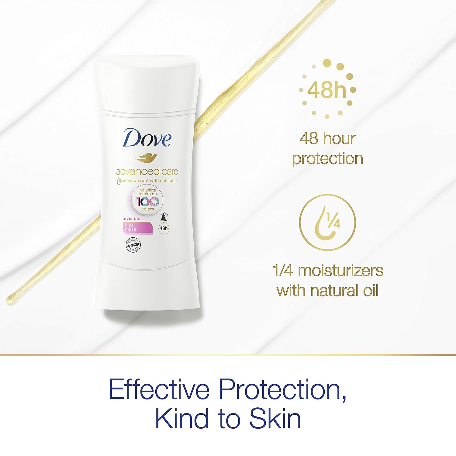 Dove Antiperspirant Deodorant Stick No White Marks on 100 Colors Clear Finish 48-Hour Sweat and Odor Protecting Deodorant for Women, 2.6 Ounce (Pack of 4)