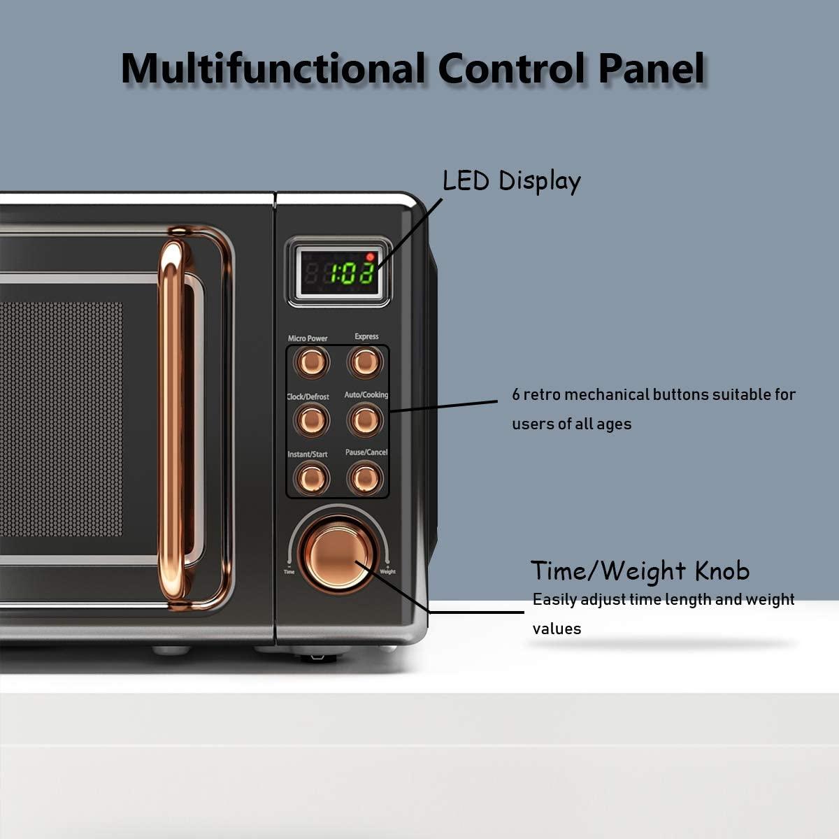 Retro Countertop Microwave Oven, 0.7Cu.ft, 700-Watt, Cold Rolled Steel Plate, 5 Micro Power, Delayed Start Function, with Glass Turntable & Viewing Window, LED Display, Child Lock (Gold)