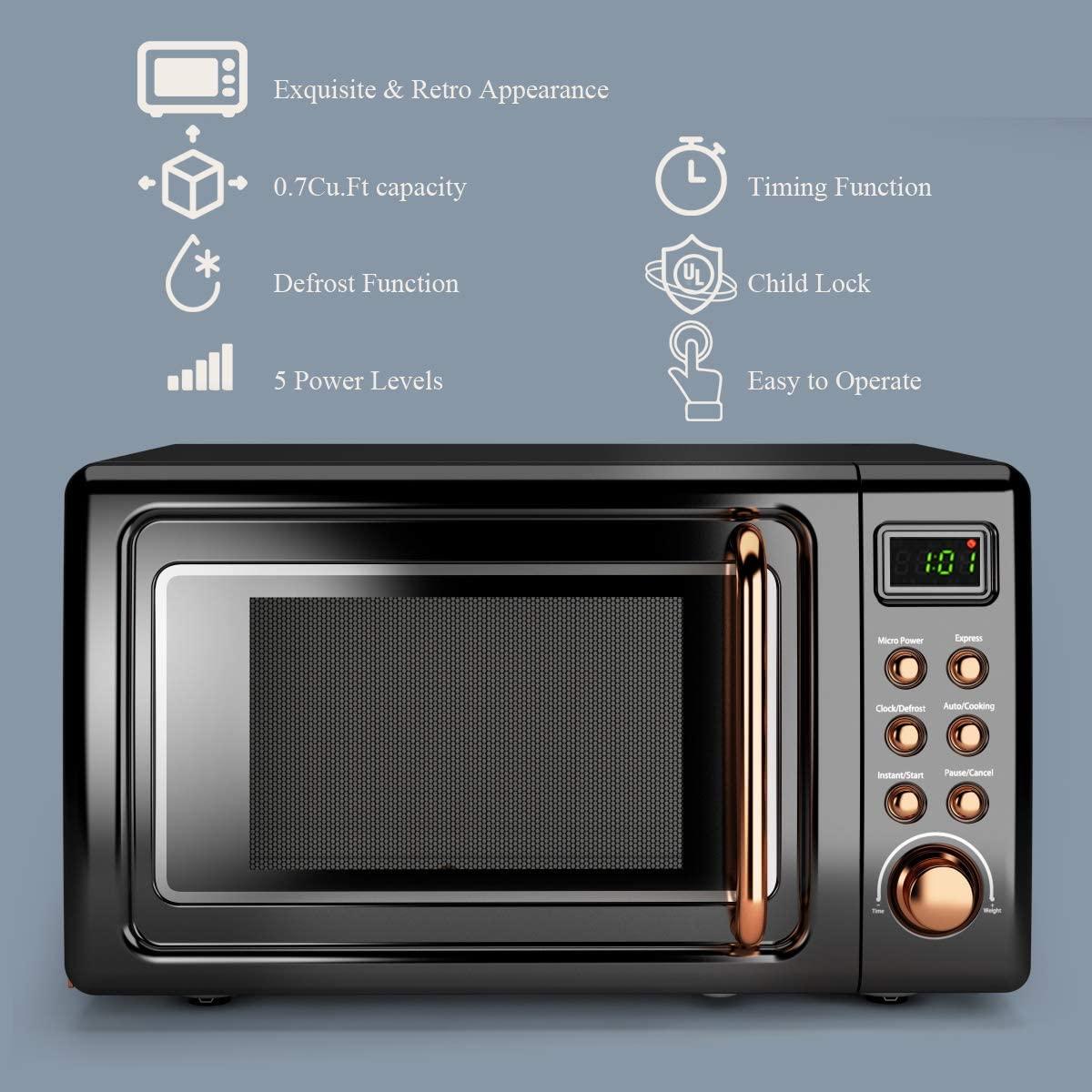 Retro Countertop Microwave Oven, Lar0.7Cu.ft, 700-Watt, Cold Rolled Steel Countertop with Time Setting, Glass Turntable Plate, Pre-Programmed CooSettings, LED Display, Child Lock (Rose Gold)