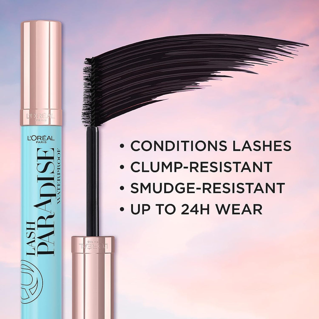 L'Oreal Paris Voluminous Makeup Lash Paradise Waterproof Mascara, Voluptuous Volume, Intense Length, Feathery Soft Full Lashes, No Smudging, No Clumping, Black, 0.25 Fl Oz (Pack of 2)