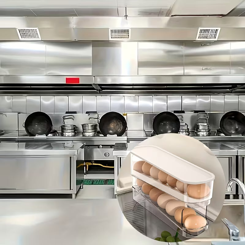 Automatic Egg Storage Box for 12-14 Eggs with a Double-Layer Sliding Design - a Fresh Egg Organizer with a Flip Cover, an Essential Kitchen Solution for Storing Eggs And a Space-Saving Egg Rack for The Refrigerator.
