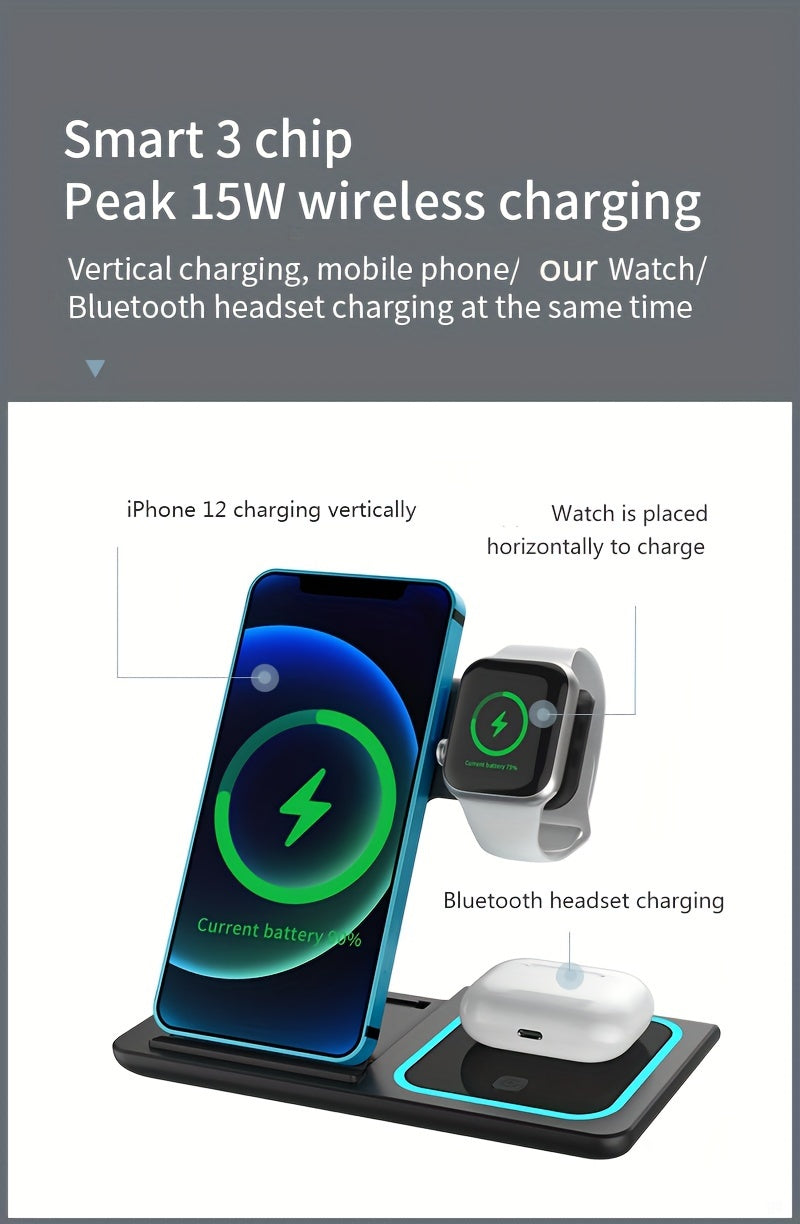 3 In 1 Fast Charging Station, Folding Wireless Charger Stand For  14,13,12,11/Pro/Max/Mini/Plus, X, XR, XS/Max, SE, 8/Plus, For IWatch 1-8, For Airpods 3/2/Pro