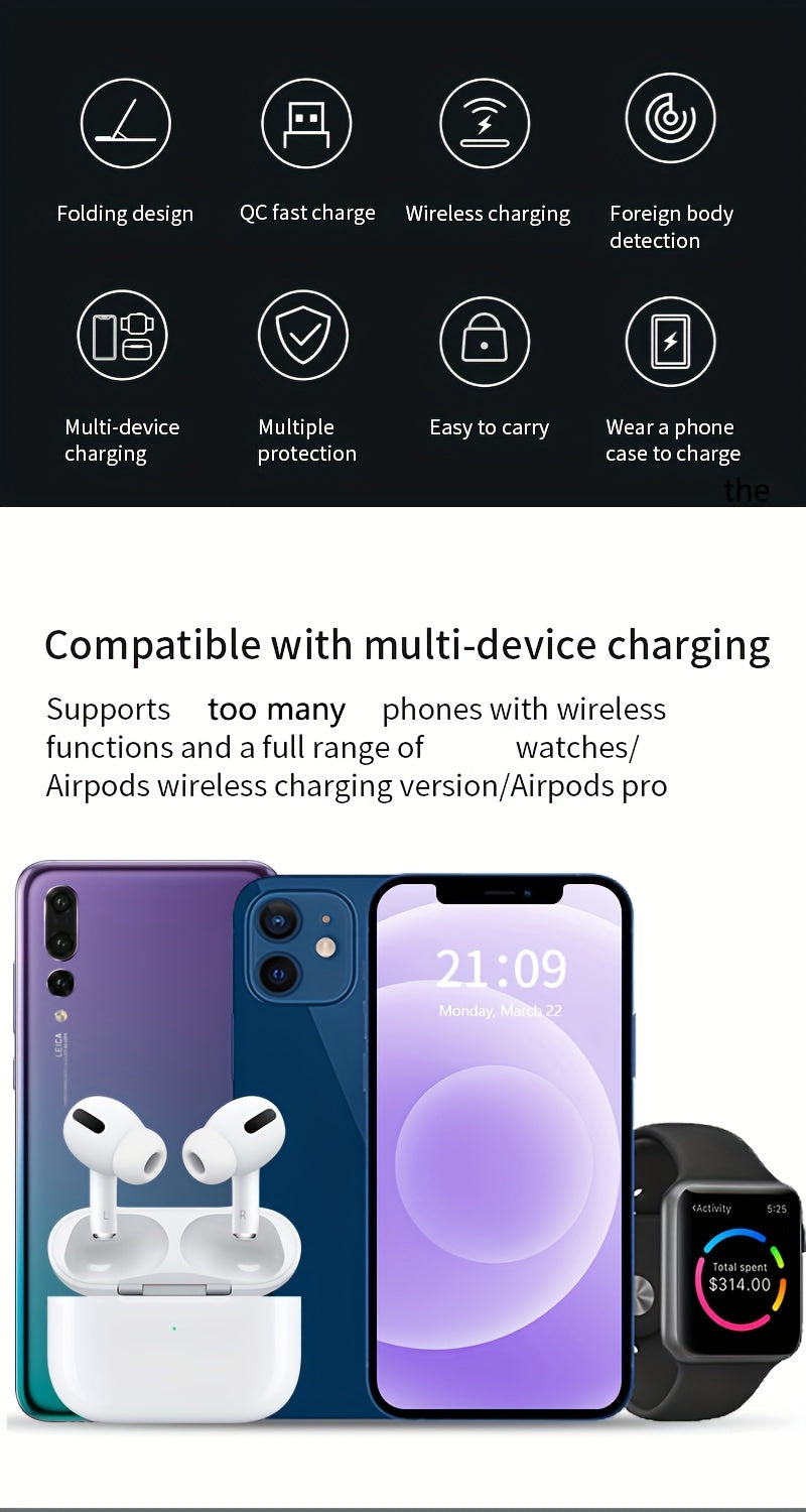 3 In 1 Fast Charging Station, Folding Wireless Charger Stand For  14,13,12,11/Pro/Max/Mini/Plus, X, XR, XS/Max, SE, 8/Plus, For IWatch 1-8, For Airpods 3/2/Pro