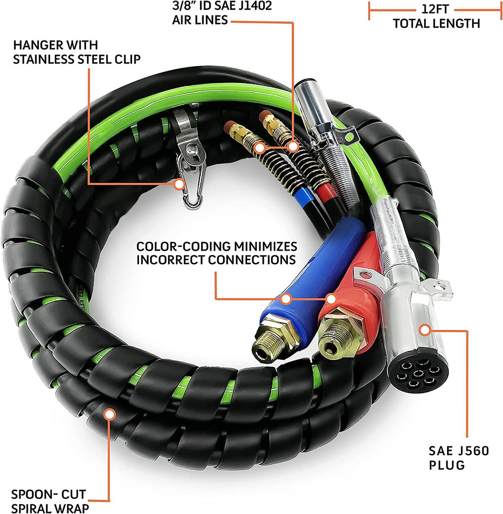 TORQUE 12ft 3 in 1 ABS & Air Power Line Hose Kit Airline Air Hose with Glad Hands Wrap 7 Way Electrical Cable with Handle Grip & Gladhands for Semi Truck Trailer Tractor (TR813212)