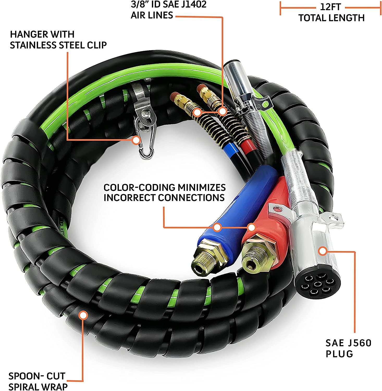TORQUE 12ft 3 in 1 ABS & Air Power Line Hose Kit Airline Air Hose with Glad Hands Wrap 7 Way Electrical Cable with Handle Grip & Gladhands for Semi Truck Trailer Tractor (TR813212)