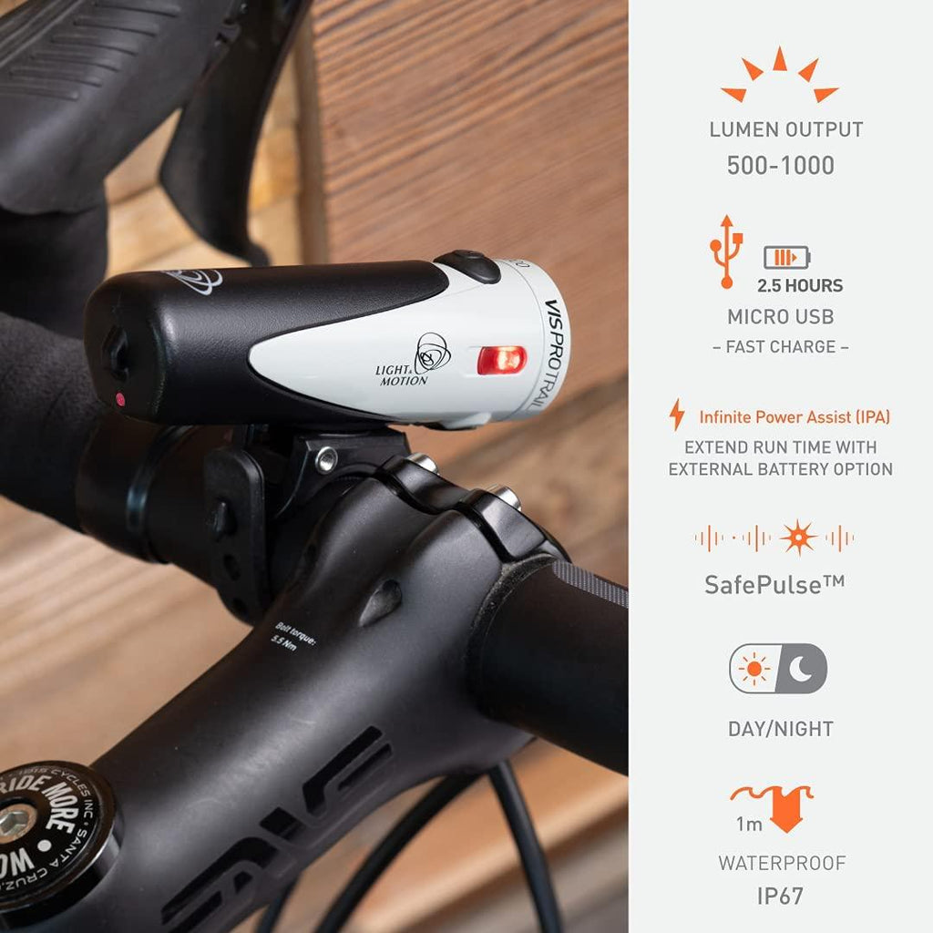 Light & Motion Vis Pro 1000 Trail, Reliability, high Power & Fast Charging Makes This a top Choice for Night Rides as Well as Daytime Safety. 3 Helmet/bar Mount Options Included.