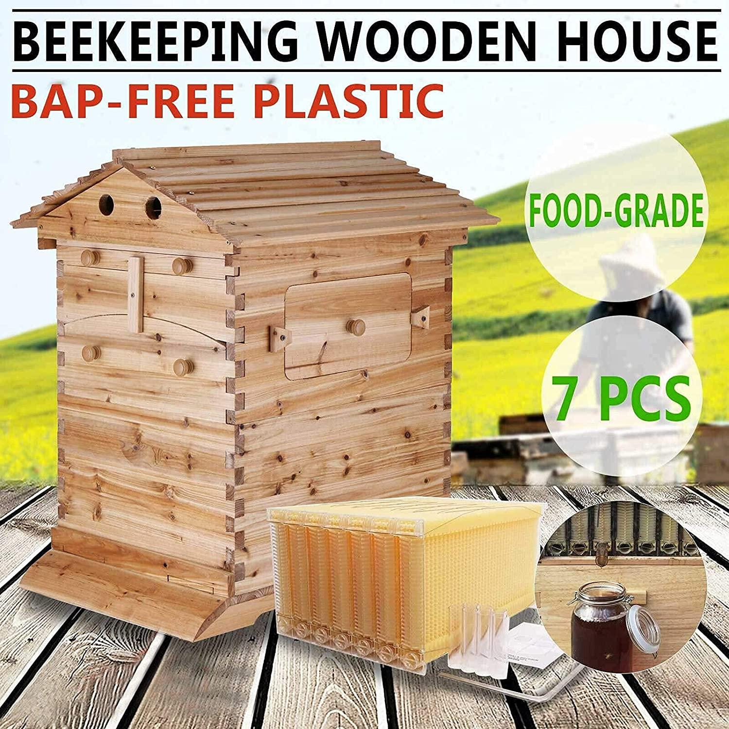 wuyule 7Pcs Auto Beehive Frame Comb Wooden Beehive House, Automatic Honey Flows Hive Beehive Frames Kit, Beehives and Supplies Starter Kit for Beekeepers