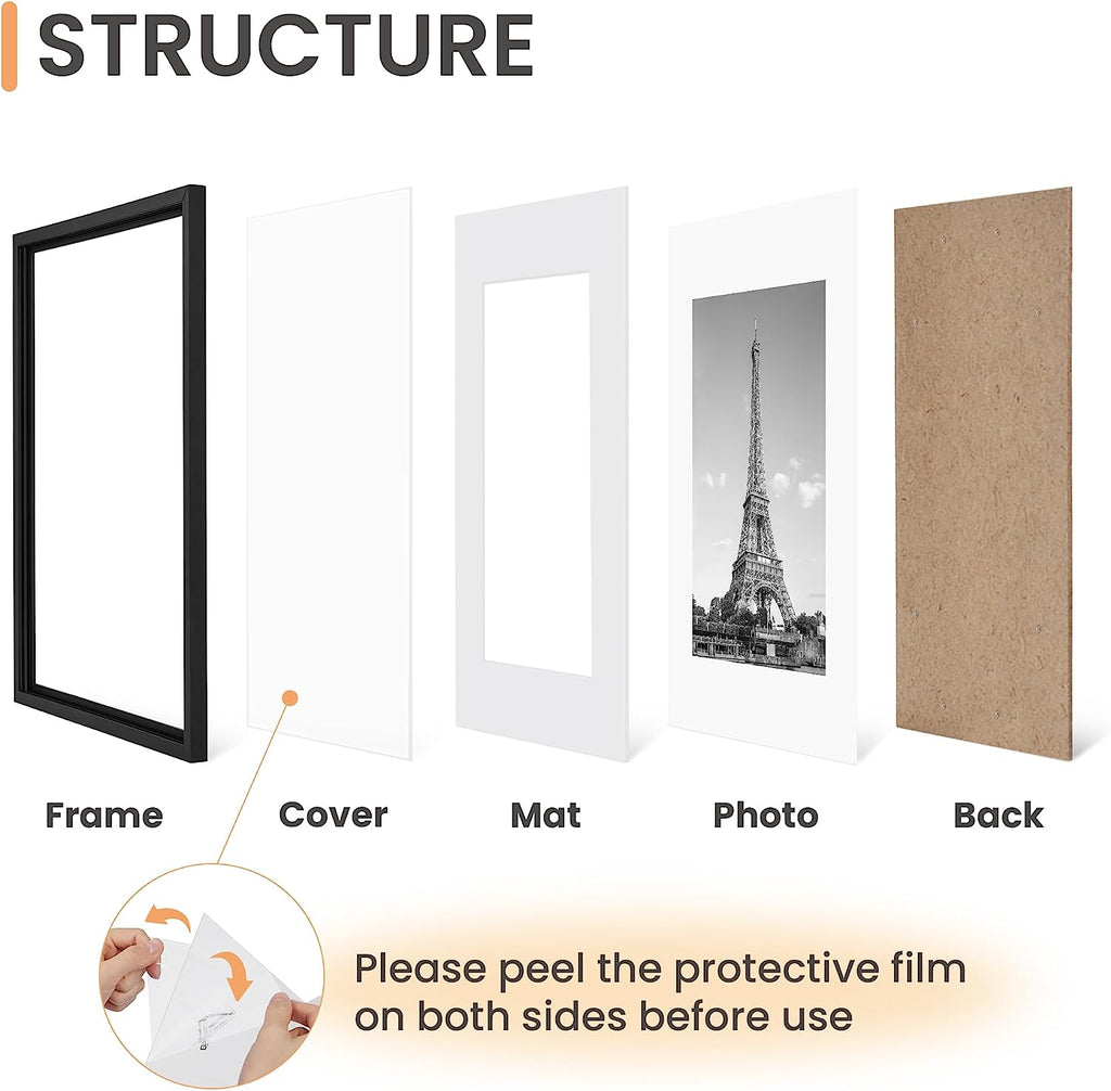 upsimples 8x12 Picture Frame Set of 5,Display Pictures 6x8 with Mat or 8x12 Without Mat,Wall Gallery Photo Frames,Black