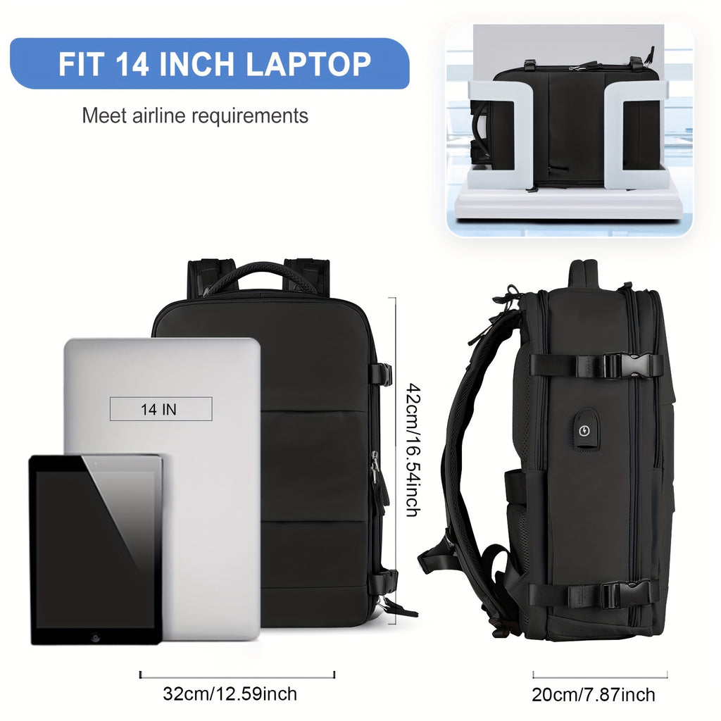 LarTravel Backpack, Carry On Backpack, HiBackpack, Waterproof Outdoor Sports Rucksack, Casual Daypack, School Bag, Fit 14 Inch Laptop With USB Charging Port &amp; Shoes Compartment