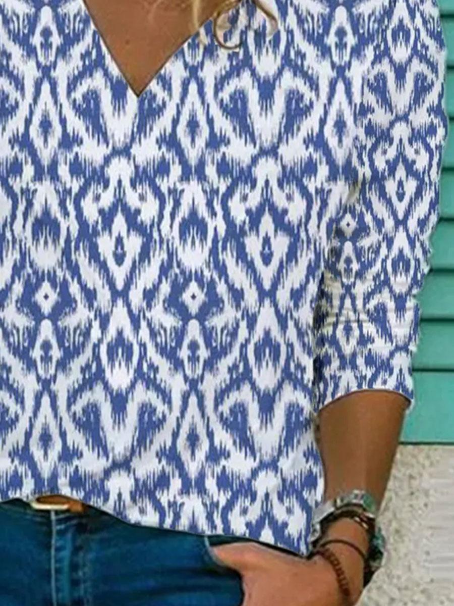 V-neck Floral Print Casual Long-sleeved T-shirt